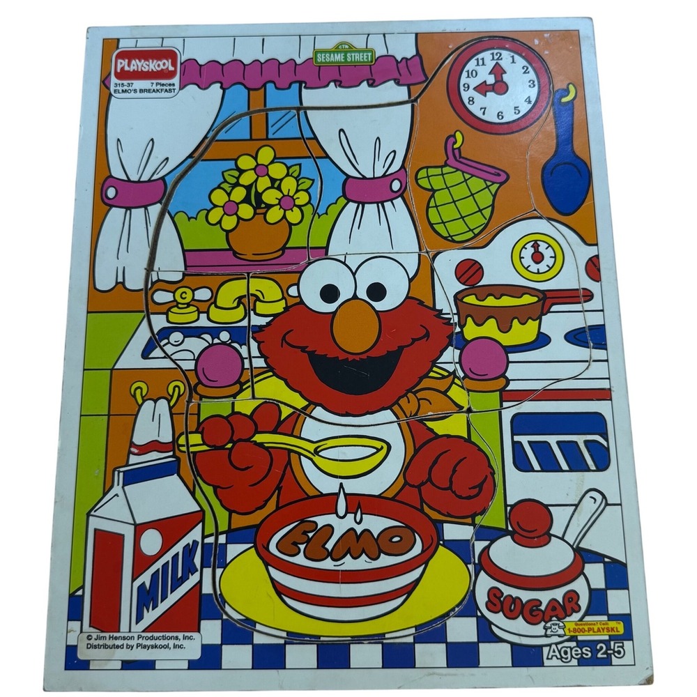 Vintage 80s 1988 Playskool Sesame Street Wooden Tray Puzzle Elmo's Breakfast Toy